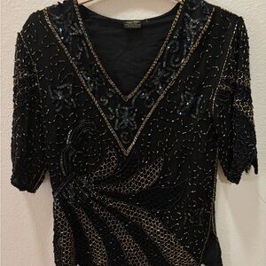 Vintage Black and Gold Embellished Short Sleeve Blouse Mark & John size SM